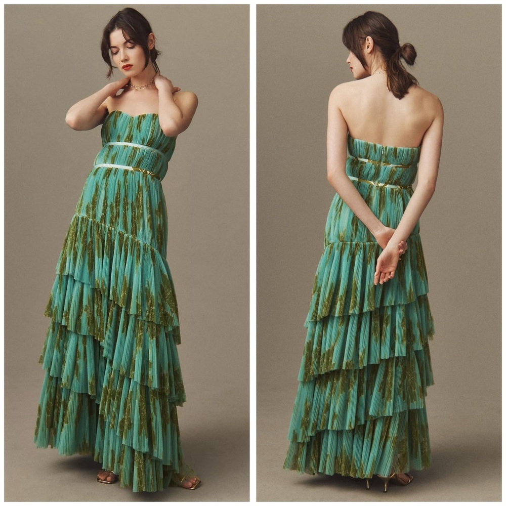 Hutch Green Strapless Tiered Maxi Gown